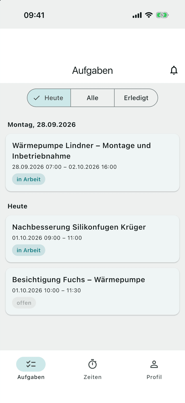 Die Aufgabenliste der App mit drei Aufgaben für heute, zwei davon in Arbeit.