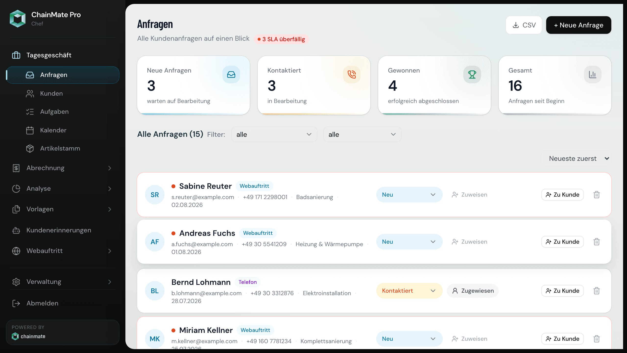 Die Anfragen-Übersicht in ChainMate Pro mit fünfzehn Anfragen und ihren Status.